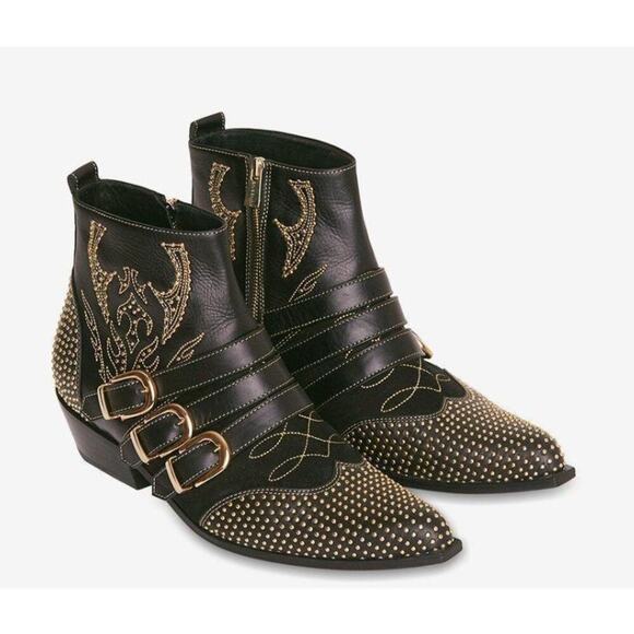 Anine Bing Studded Buckle Penny Boots AB81044-08 Black/Gold Size 37/US 7 - Picture 1 of 10